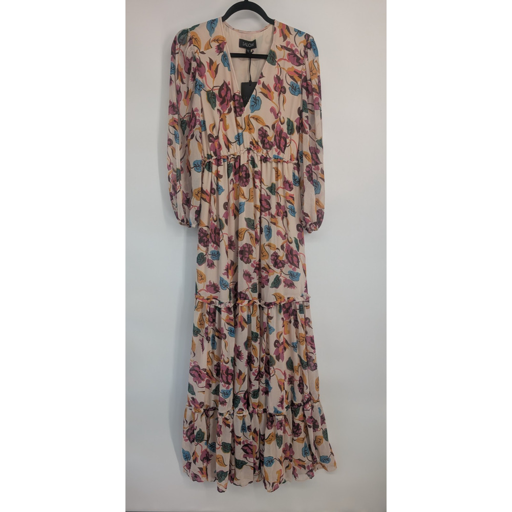 NWT Saloni Nina Tiered Floral Long-sleeve Maxi Dress Sz US6 Ivory Japonica 9K605 - Picture 2 of 10